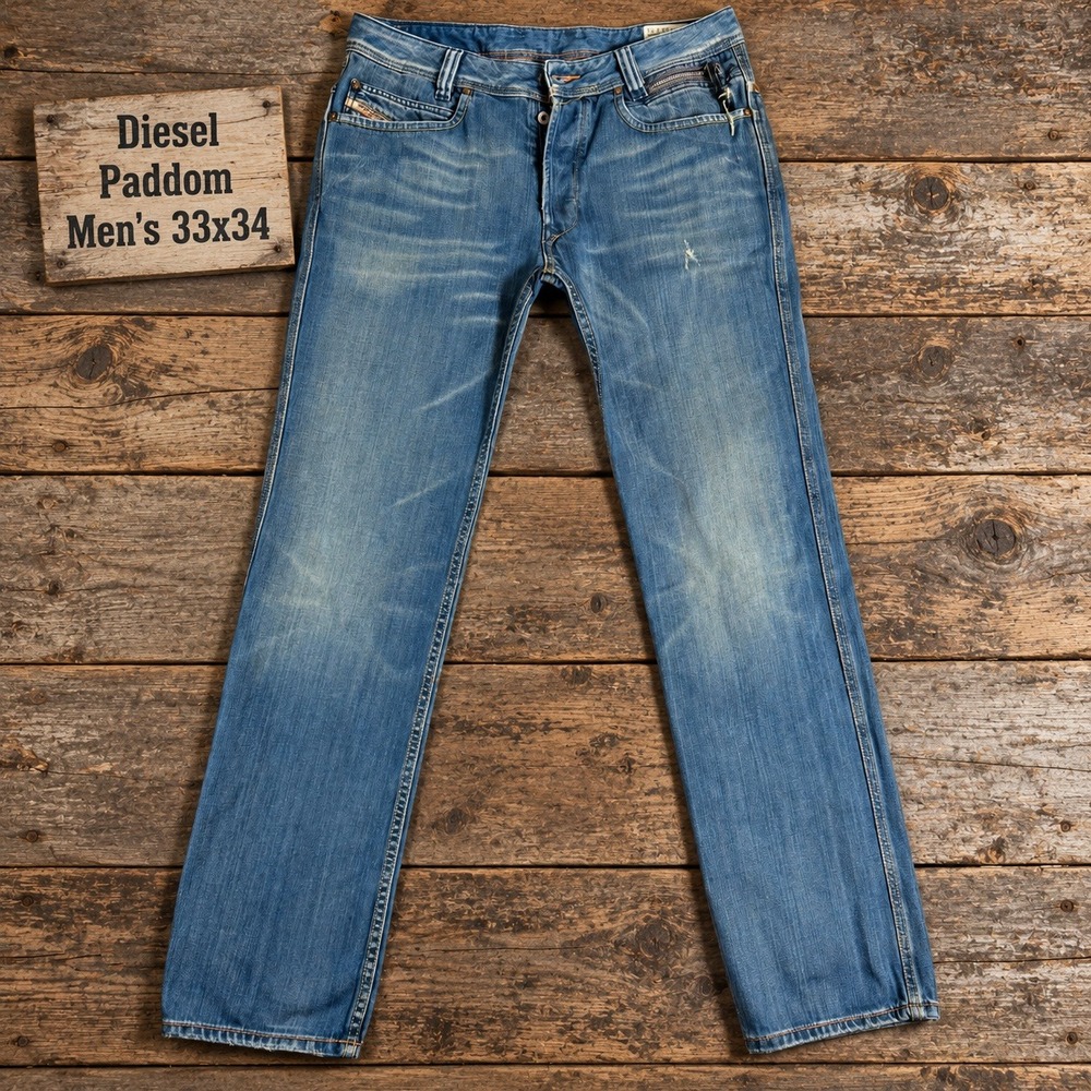 Diesel Paddom Mens Jeans 33x34 Blue Medium Wash Straight Leg Distressed 00710